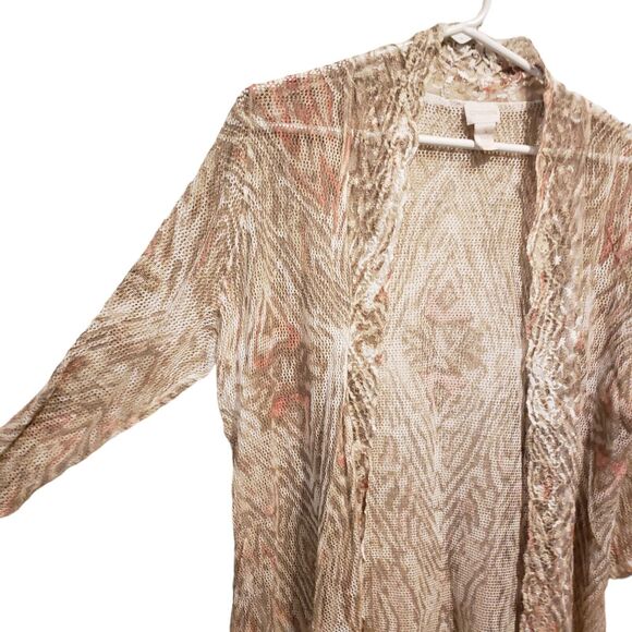CHICO’S Beige Peach Net Lace Open Front 3/4 Sleeve Cardigan Women Size 3 Linen - Picture 8 of 10
